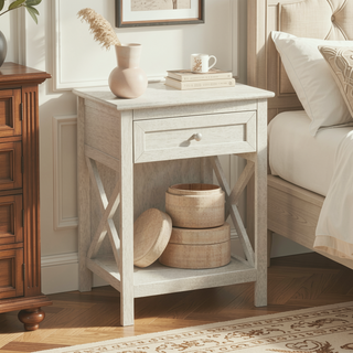 Sunvega Antique White Veneer Transitional End Table with Drawer and Shelf