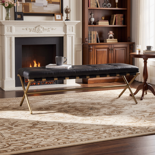 Sunvega Faux Leather Bench with Tufted Upholstery and Gold Metal Frame
