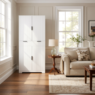 Sunvega Freestanding Fluted Kitchen Pantry Cabinet with 3 Keyboard Drawers and 6 Shelves