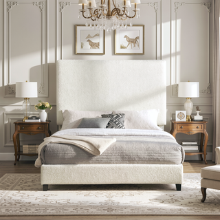 Sunvega Queen Size White Boucle Upholstered Platform Bed with Padded Headboard