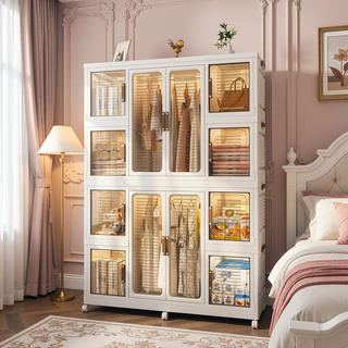Sunvega Kids Wardrobe with 12 Magnetic Doors, 2 Hanging Rods, and 16 Hangers