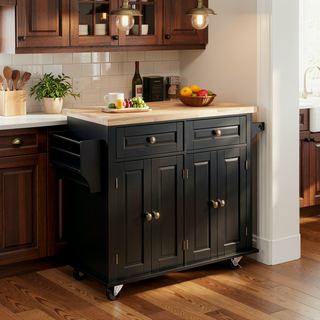 Sunvega Kitchen Island Cart on Wheels with Rubberwood Top Spice Rack and Drawers