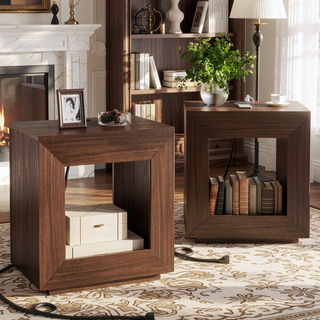 Sunvega Industrial Rustic Brown Wood End Table with 2 Tiered Storage Shelf and USB Outlets