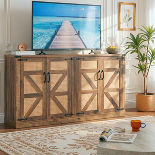 Sunvega 65-Inch Rustic Oak Faux Rattan Sideboard with Four Barn Doors for Living Room