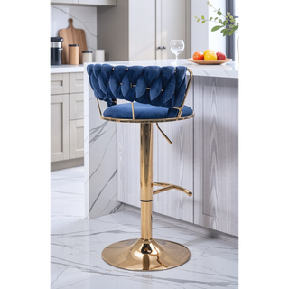 Sunvega Set of 2 Blue Velvet Swivel Bar Stools with Chrome Footrest and Adjustable Height