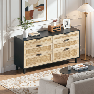 Sunvega 6 Drawer Rattan Dresser with Metal Handle and Wood Legs for Bedroom Storage