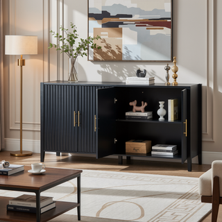 Sunvega Modern 4-Vertical Wavy Slatted Doors Sideboard with Solid Wood Legs and Metal Handles for Dining Room