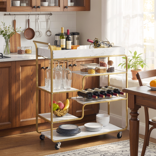 Sunvega Retro Style Two-Tier Bar Serving Cart with Wine Rack and Glass Holder