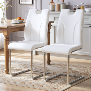 Sunvega White PU Dining Chair Set with Silver Metal Legs and High Resilience Sponge Filling