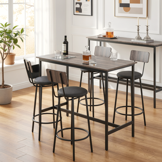 Sunvega PU Upholstered Bar Table Set with 4 Backrest Stools and Iron Frame