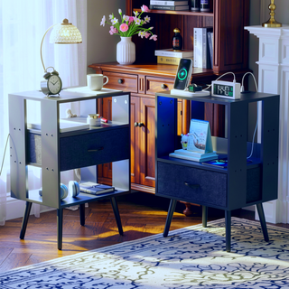 Sunvega Modern Nightstand with Charging Station LED Light Fabric Drawers 2 Pack