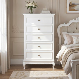 Sunvega Modern White Fluted 5-Drawer Dresser with Solid Wood Legs and Wave-Shaped Bar