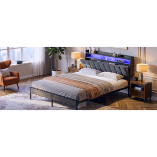 Sunvega Full Bed Frame with Ergonomic Headboard Multi-Space Storage and RGB LED Lights