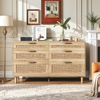Sunvega Modern Natural Rattan 6 Drawer Dresser with Wood Legs for Bedroom Storage