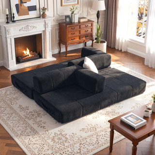 Sunvega High Quality Corduroy Folding Sofa Bed with 2 Pillows and Foam Spring Mattress