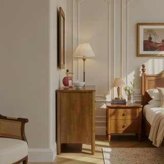 Sunvega Rubberwood Bedroom Set with Queen Upholstered Bed Dresser Mirror Nightstands
