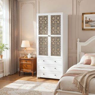 Sunvega White Rattan Wardrobe Armoire with 3 Drawers and Anti-Tip for Bedroom