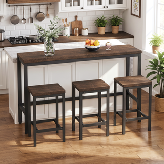 Sunvega Modern Brown Gray Dining Table Set with 3 Stools for Compact Spaces