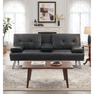 Sunvega Modern Faux Leather Convertible Sofa Bed with Cup Holders and Adjustable Backrest