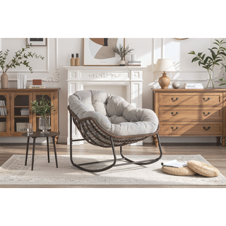 Sunvega Oversized Outdoor Rattan Rocking Chair with Padded Cushion and Steel Frame