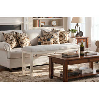Sunvega Acacia Wood Counter Bench with Cream Linen Cover and 300 lb Capacity
