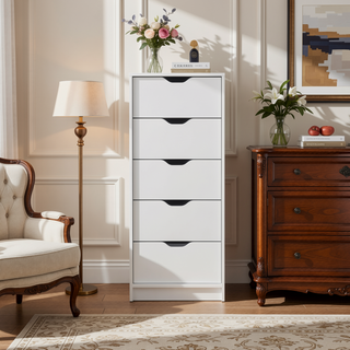 Sunvega 5 Drawer Tall Dresser with Pull Out System in Fine White Finish