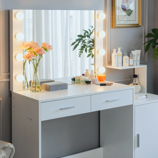 Sunvega Black 46.4 Inch Vanity Desk with Mirror Lights and Large Drawers