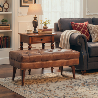 Sunvega Solid Mango Wood Brown Buffalo Leather Upholstered Bench with Deep Button