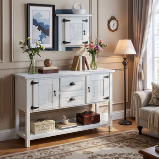 Sunvega Retro Style Solid Pine Wood Sideboard Console Table with 2 Drawers and Cabinets
