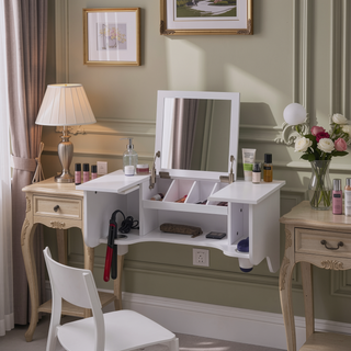 Sunvega White Wall Mount Vanity Ledge with Mirror and Hair Dryer Holsters