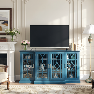 Sunvega 63" Teal Blue TV Stand with Carved Door Design and Four Storage Doors