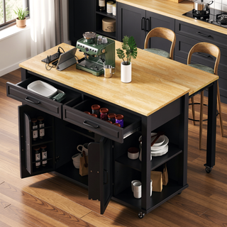 Sunvega Extendable Kitchen Island with Dining Table Internal Storage and Power Outlet