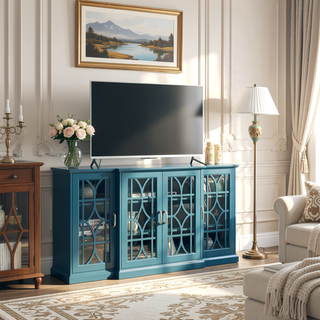 Sunvega 63" Teal Blue TV Stand with Carved Door Design and Four Storage Doors