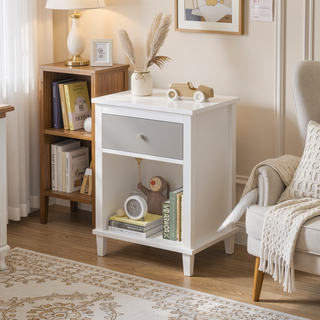 Sunvega White and Golden Kids Wooden Nightstand with One Drawer and Shelf