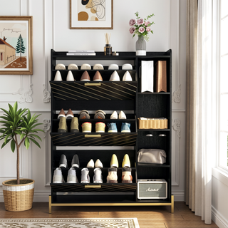 Sunvega Modern Rustic Entryway Shoe Cabinet with 3 Flip Drawers and Open Shelves