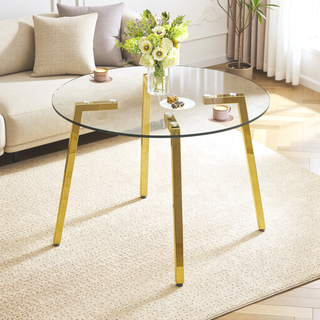 Sunvega Modern Minimalist Circular Transparent Glass Table with Golden Metal Legs