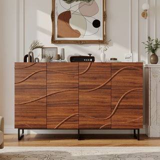 Sunvega Wave Relief Design Wood Sideboard with Iron Legs for Living Room Storage