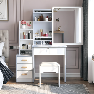 Sunvega White Vanity Desk with Mirror and Lights for Makeup and Chair