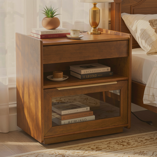 Sunvega Mid Century Modern Nightstand with Charging Station and 2 Drawers Dark Walnut