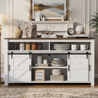 Sunvega Farmhouse Sideboard with Sliding Barn Door Mesh Panels and Open Storage