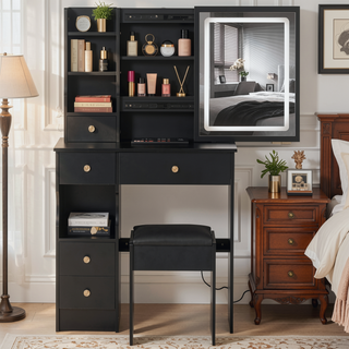 Sunvega Small Size Left Drawer Desktop Vanity Table with Cushioned Stool and Adjustable LED Mirror