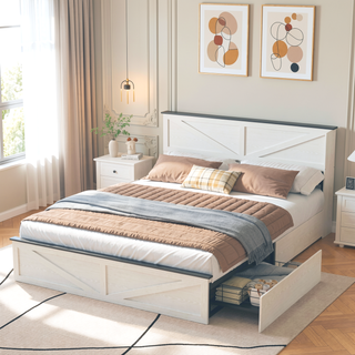 Sunvega Farmhouse Full Size Bed Frame with Storage Headboard, Drawers, Charging Station & LED Lights
