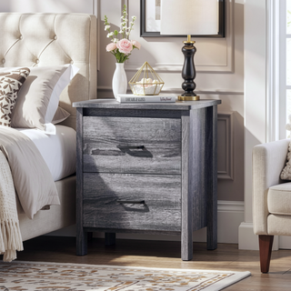 Sunvega Contemporary Faux Wood Nightstand with Two Drawers for Bedroom Storage
