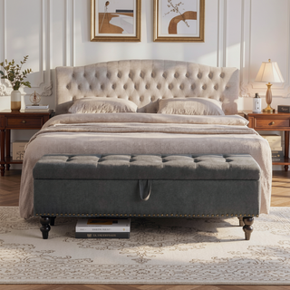 Sunvega Beige Fabric Upholstered Storage Ottoman Bench with Button Tufted Top