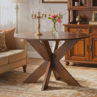Sunvega Modern Farmhouse Round Dining Table in Cherry for Kitchen Seating 5