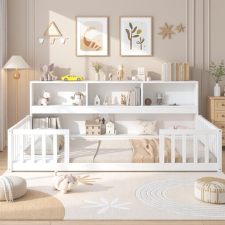 Sunvega Twin Floor Bed with Bedside Bookcase Guardrails and Shelves in Grey