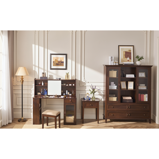 Sunvega Walnut Makeup Vanity Desk with Adjustable Lighted Mirror and Ample Storage