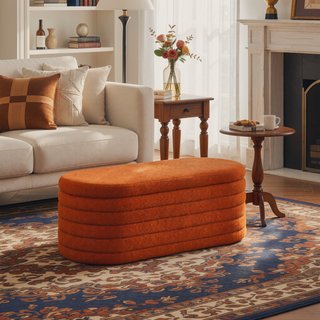 Sunvega Modern Oval Upholstered Boucle Teddy Fabric Storage Ottoman Bench with Safety Hinge