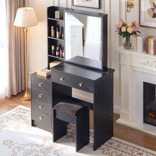 Sunvega 37 Inch Left Bedside Cabinet Vanity Table with Cushioned Stool and Sliding Mirror