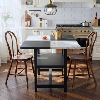 Sunvega Minimalist 71 Inch White and Black MDF Dining Table with Storage Shelf